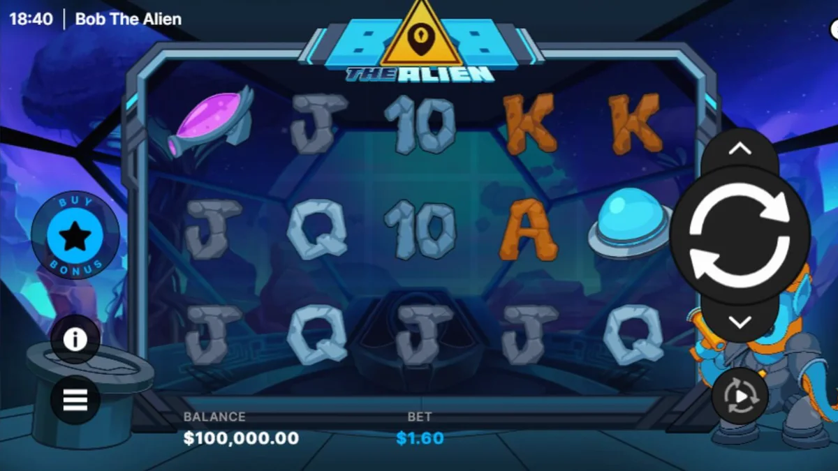 Tampilan visual futuristik dan neon dari slot Bob The Alien