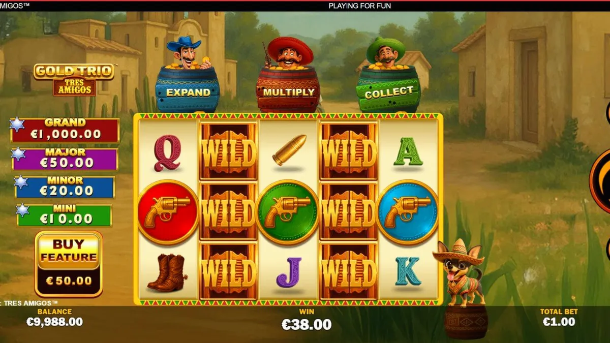 Tampilan visual slot Gold Trio: Tres Amigos dengan tema fiesta Meksiko yang penuh warna