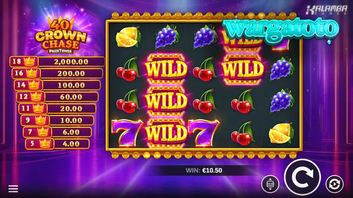 Tampilan antarmuka permainan slot 40 Crown Chase PrizeTower dengan simbol mahkota dan angka tujuh.